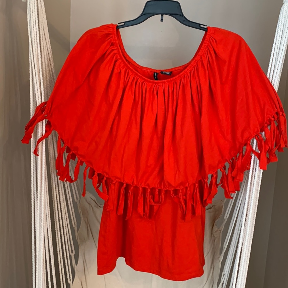 New Direction- Medium- Red tank with tassel overlay